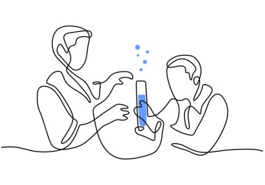 Laboratuvarda el yapımı resim minimalizmi tasarımı üzerine deney yapan iki erkek bilim adamının kesintisiz çizimleri. Tıbbi araştırma koronavirüsü konsepti. Beyaz arkaplanda vektör illüstrasyonu