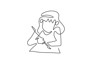 Küçük kızın sürekli çizdiği bir çizgi beyaz arka planda izole edilmiş bir resim. Elinde fırça tutan ve boş kağıda resim yapan tatlı bir kız. Ev kavramında yaratıcı eğitim. Vektör illüstrasyonu