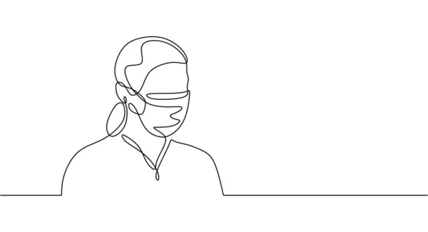 One Continuous Line Woman Using Surgical Mask Preventing Covid Isolated — ストックベクタ