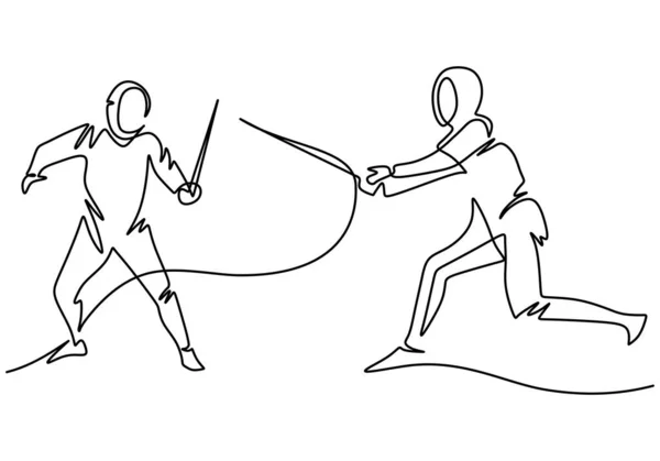Συνεχής Μία Γραμμή Σχεδίασης Δύο Αθλητών Ξιφομαχίας Αγωνίζεται Κοστούμι Εξάσκηση — Διανυσματικό Αρχείο
