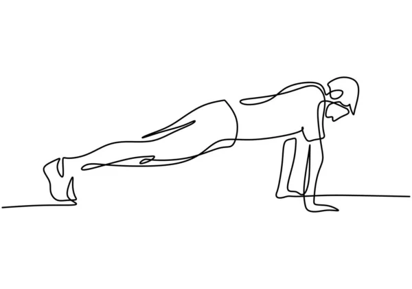 One Continuous Line Drawing Young Man Training Doing Push Ups — ストックベクタ