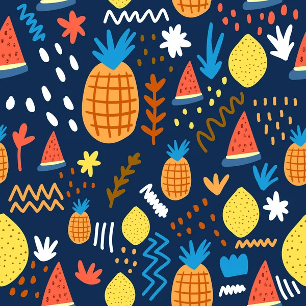 Seamless Pattern Colorful Summer Fruits Isolated Dark Background — Stock Vector