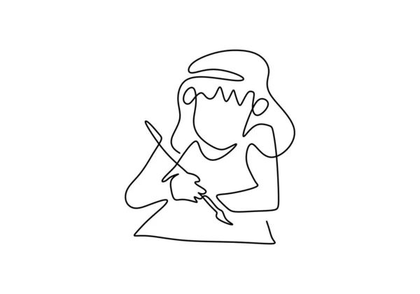 Continuous One Line Drawing Little Girl Painting Isolated White Background — ストックベクタ