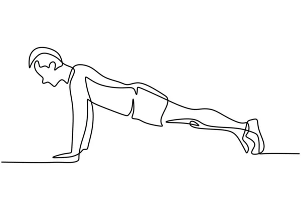 在一个白色背景的健身训练体育馆里 一个连续画的年轻男子做俯卧撑训练的线条 一种准备做运动的男性 矢量说明 — 图库矢量图片