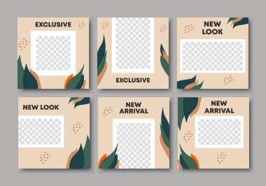 Düzenlenebilir en küçük kare pankart şablonu seti. Tropikal çizgi sanatları, çiçekleri ve sosyal ağlar için sıcak toprak ton vektör ilüstrasyonunda yaprakları olan modern arka plan, web pankartları