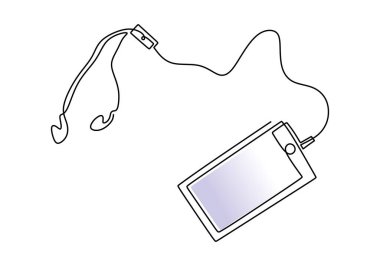 Kulaklık takılı minimalist tarzda sürekli bir telefon ya da akıllı telefon çizimi. Telefondaki müzikle rahatla. Beyaz arkaplanda vektör teknolojisi nesneleri çizimi