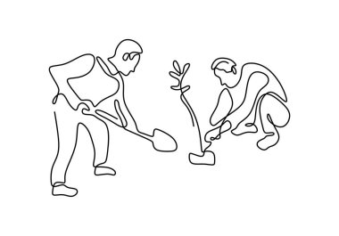 Tek sıra halinde iki adam, bahçeye kürekle bitki dikmek için toprağı kazıyor. Çevre Günü tek satır sanat minimalist tasarımı. Büyüme ve toprağı sevme kavramı