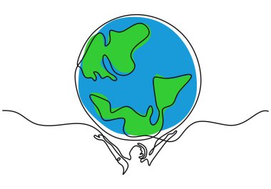 Yerküresini sürekli çizen bir adam. Dünya gezegeni kurtarma, çevre koruma kavramı. Dünya çevresi günü basit vektör pankartı, poster. Vektör illüstrasyonu