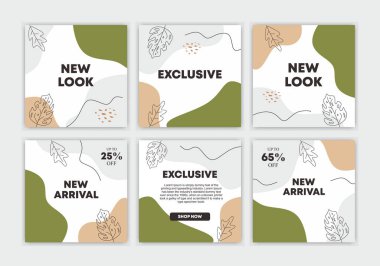 Düzenlenebilir kare sosyal medya paylaşımları şablonları kümesi. Sosyal ağlar için çiçek ve geometrik unsurlara sahip asgari moda tarzında soyut kare yapboz arkaplanları, web pankartları.