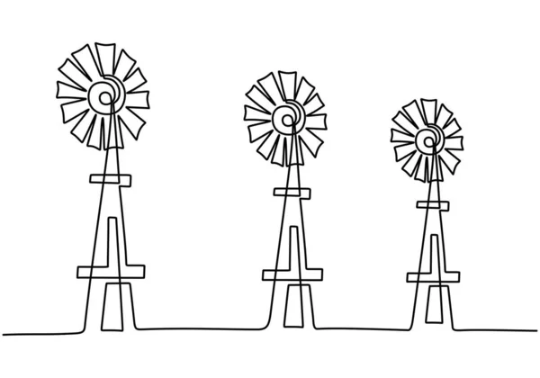 連続1線画セット風車や風力タービン手描きラインアート白を背景に孤立ミニマリストスタイル 緑の生態系エネルギーファームの概念 ベクトルスケッチイラスト — ストックベクタ