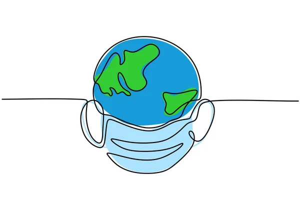 Una Línea Continua Dibujo Tierra Con Máscara Protección Contra Virus — Vector de stock