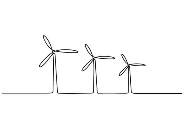 连续单线绘图集风车或风力涡轮机手工绘图线艺术简约风格孤立在白色背景 绿色生态能源农场的概念 矢量草图说明 — 图库矢量图片
