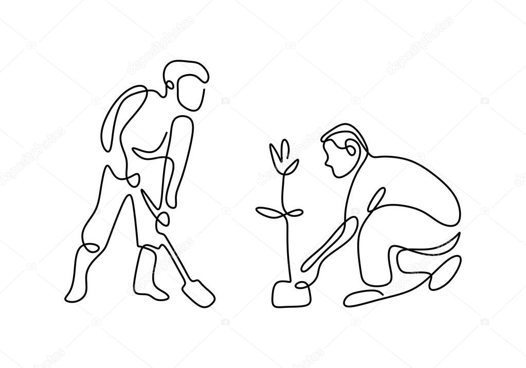 One single line drawing two man digging ground using shovel to planting a plant at home garden. Environment Earth Day single line art minimalist design. Concept of growing and love earth