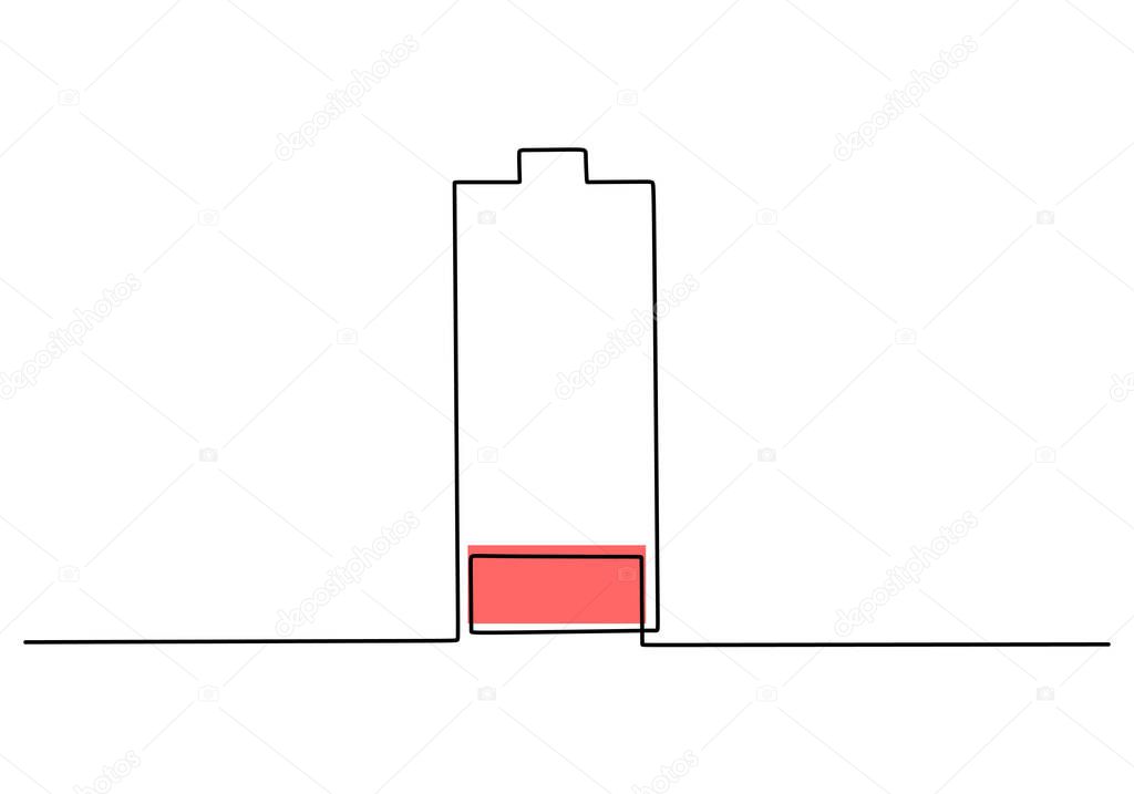 Continuous line art of battery low charge. Smartphone battery icon symbol industry technology concept. Battery charging indicator hand drawing sketch vector illustration on white background