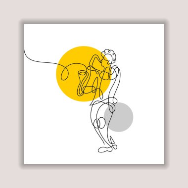 Caz sanatçısı, bir çizgi çizimi, sürekli müzik temalı bir adam sanatı. Vektör illüstrasyon minimalisti.