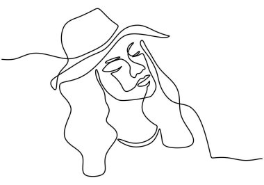 Beyaz arka planda izole edilmiş güzel bir kadının sürekli bir minimalist çizimi. Moda, tişört, logo, kuaför logosu. Vektör illüstrasyon minimalizm biçimi