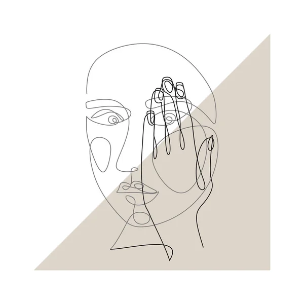 Line Art Abstrak Woman Wajah Menutupi Wajahnya Dengan Gambar Tangan - Stok Vektor