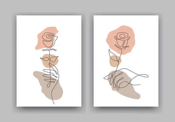Květinová Čára Minimální Krása Růže Plakát Pokrývky Set Ruka Drží — Stockový vektor