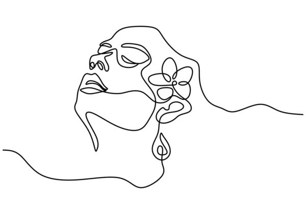 Cara Mujer Con Flor Rosa Línea Continua Dibujo Estilo Minimalista — Vector de stock