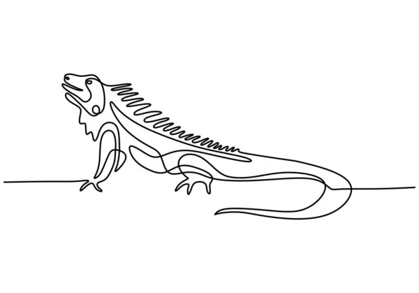 イグアナトカゲの一本の連続線画 会社のロゴアイデンティティやペットの恋人社会のためのエキゾチックな爬虫類の動物 白地にベクトル手描きイラストミニマリズムデザイン — ストックベクタ