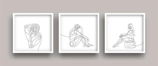 Dessin Ligne Femme Ensemble Minimaliste Fille Corps Ligne Continue Art — Image vectorielle