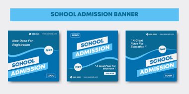 Üç adet mavi ve beyaz mizanpaj seti ve fotoğraf okulu giriş veya eğitim sosyal medya şablonları. Sosyal medya paylaşımı ve İnternet reklamları için vektör illüstrasyonu