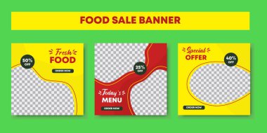 Yemek menüsü afişi sosyal medya paylaşımı. Düzenlenebilir sosyal medya paylaşım çerçeveleri yemek menüsünde tanıtım pankartları. Sosyal ağda pazarlama için tasarım. Vektör illüstrasyonu