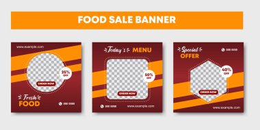 Fotograf kolajlı besin promosyonu kare afişi için sosyal medya şablonu dizaynı. Sosyal ağ postası ve internet reklamları için kırmızı, sarı, turuncu arkaplan düzeni. Vektör illüstrasyonu