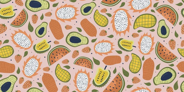 Seamless Pattern Fruits Drawing Leaves Exotic Fruit Seamless Pattern Hand — Stock Vector