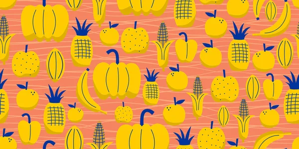 Yellow Fruits Seamless Pattern Cute Natural Drawing Banana Corn Pineapple — Stock Vector