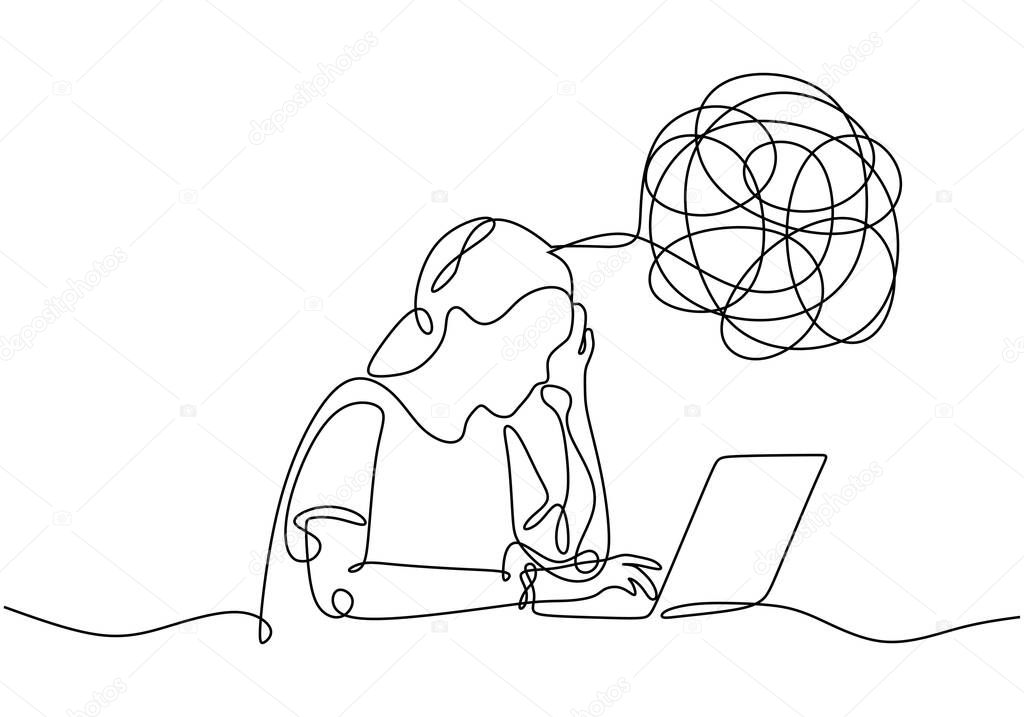 Sad, unhappy young woman continuous line drawing in front of laptop. Psychology problem with stress depression and bad mood. Minimalist vector illustration outline stroke style.
