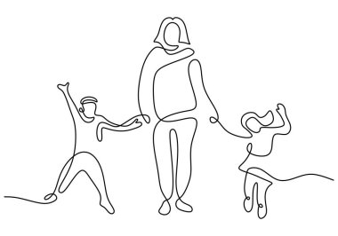 Mutlu anne ve iki çocuğu aralıksız çizim tarzında. Genç anne çocuklarını kucağında tutuyor ve beyaz arka planda tek başına yürüyor. Aile kavramı. Vektör illüstrasyonu