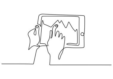 Touchpad PC 'deki grafiği işaret eden sürekli bir çizgi çizimi borsa haritasını analiz ediyor. İş finans ve yatırım konsepti. Beyaz arkaplanda vektör minimalizmi çizimi