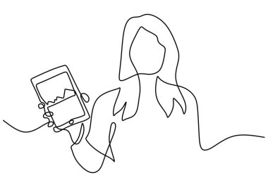 Sürekli olarak elinde touchpad bilgisayarı olan ve borsayı gösteren genç bir kız çizimi. Büyüme finans grafiği beyaz arkaplanda izole edildi. Genç kadın iş yatırımcısı. Vektör illüstrasyonu