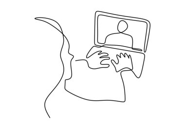 Öğrenci kızların sürekli çizdiği bir çizgi kulaklık takıyor ve internetten bilgisayar başında video izleyip öğreniyor. Uzaklık E-öğrenme kursu video konferansı bilgisayar araması evde yatak odasında.