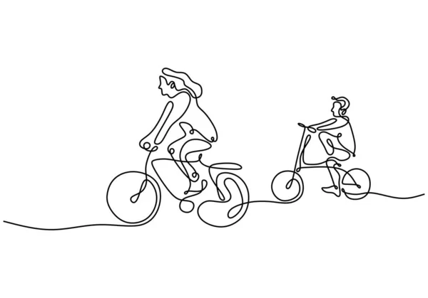 Μια Συνεχόμενη Ζωγραφιά Της Μητέρας Κάνει Ποδήλατο Παιδί Της Στην — Διανυσματικό Αρχείο