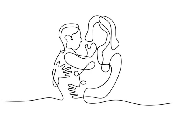 Dibujo Continuo Una Línea Mujer Sostiene Bebé Feliz Madre Joven — Vector de stock