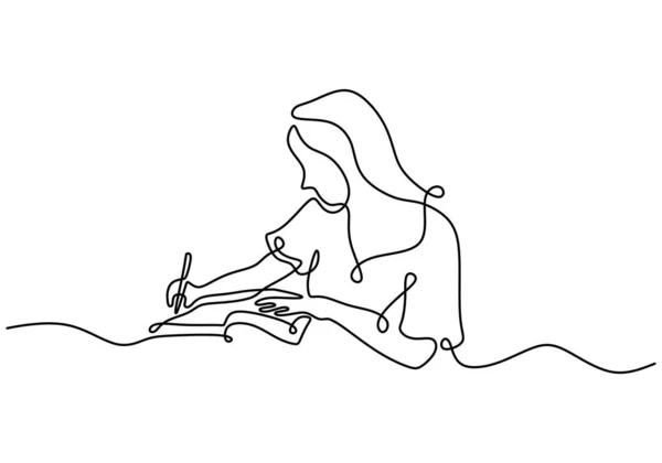 Continuous One Line Drawing Young Woman Taking Some Notes Girl — Stock Vector