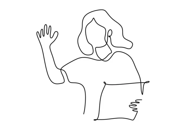 Непрерывный Рисунок Счастливой Девушки Стоящей Спальне Поднимает Руку Держа Руках — стоковый вектор