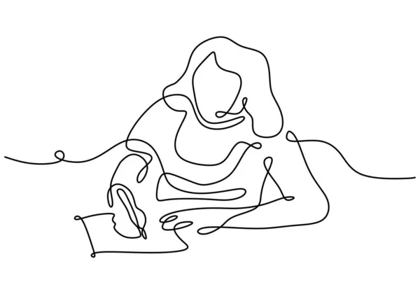 Συνεχής Ζωγραφιά Μιας Νεαρής Γυναίκας Που Κρατάει Σημειώσεις Ένα Κορίτσι — Διανυσματικό Αρχείο