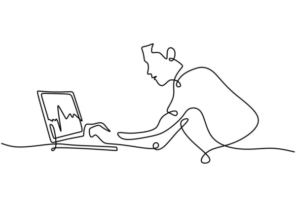 Непрерывная Линия Рисования Человека Сидящего Ноутбуком Молодой Взрослый Человек Торгует — стоковый вектор
