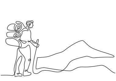 Continuous line drawing people hiking on mountain. Man climb a peak of mountain. Minimalist hand drawn single one contour style. vector