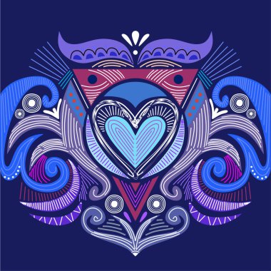 Soyut kalp şekilli kabile süsü. Etnik mandala. Stylize edilmiş kalp şeklindeki sembol. Geometrik elementlerden oluşan bir kalp. Kabile etnik motifi. Mavi renk arkaplanı.