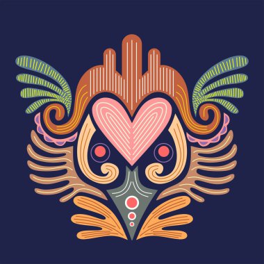 Süslü el, etnik dekoratif kalp şeklinde çizilmiş. Bohem tarzında eski bir dövme. Yoga, sihir, tişört baskısı turuncu arka plan.