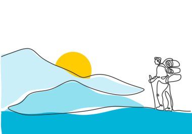 Continuous line drawing people hiking on mountain. Man climb a peak of mountain. Minimalist hand drawn single one contour style. vector