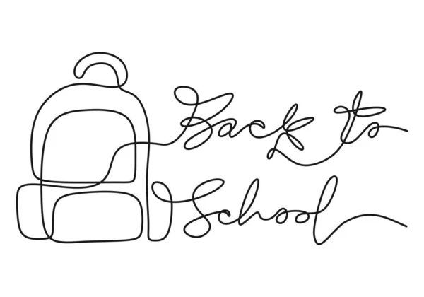 Continuous One Line Drawing Back School Handwritten Words School Bag — Stock Vector