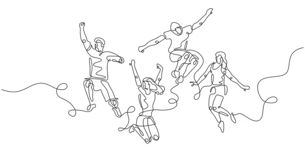 Continuous Line Drawing Four Jumping Happy Team Members One Single — Stock Vector