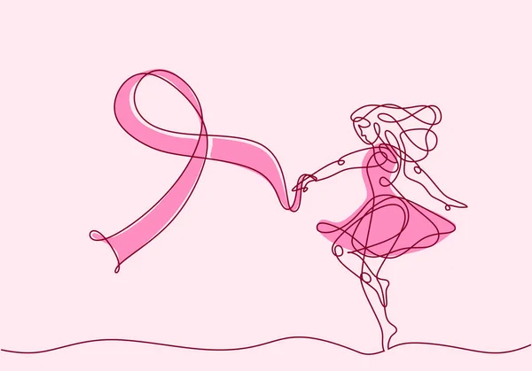 Безперервна Одна Лінія Абстрактної Жінки Танцює Рожевою Стрічкою Ізольованою Рожевому — стоковий вектор