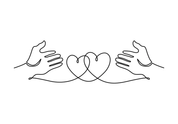 Desenho Linha Única Contínua Duas Mãos Abertas Com Dois Corações — Vetor de Stock