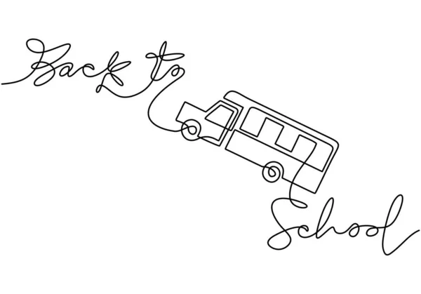 Continuous One Line Drawing Back School Handwritten Words School Bus — Stock Vector